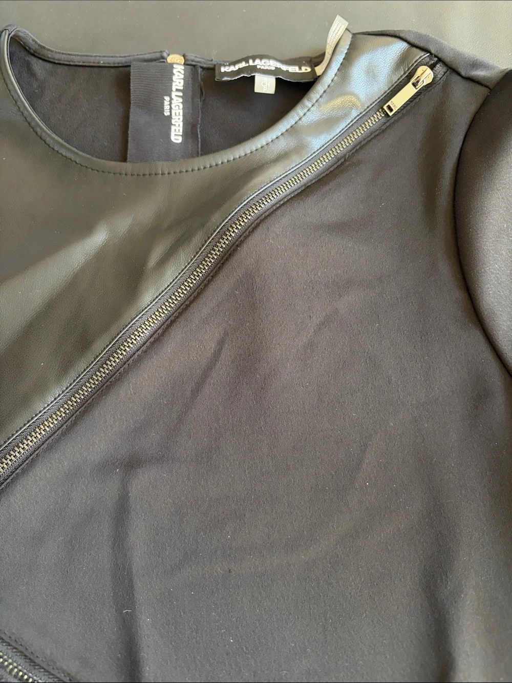 Karl Lagerfeld Paris Black Faux Leather Asymmetrical Zip Top Small